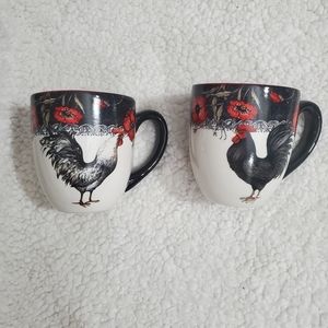 Cracker Barrel set 2 Coffee Mugs Cups Rooster stoneware Farm Western Country